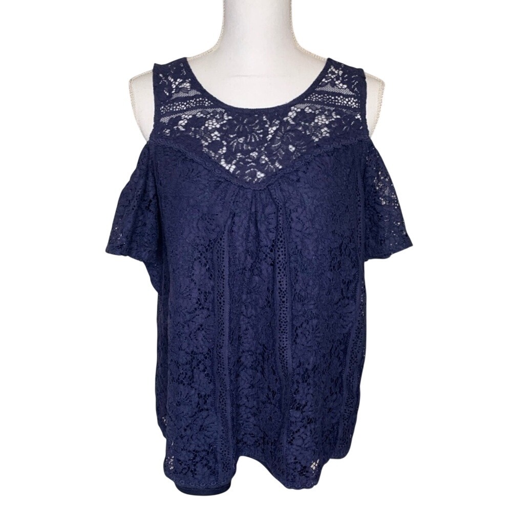 Vintage America Lace Cold Shoulder Flutter Sleeve Boho Top Blue‎ Medium Women
